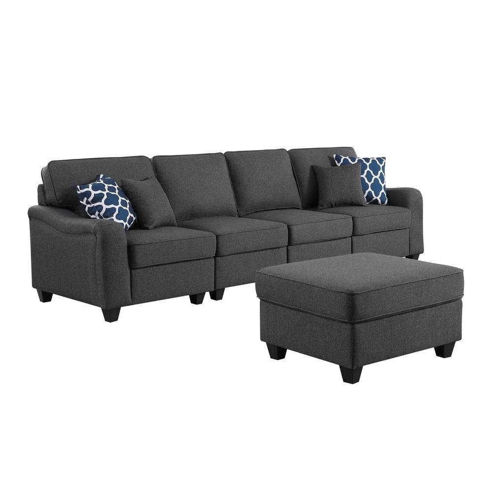 Leo Dark Gray Linen 5 Seater Sofa and Ottoman - The Room Store