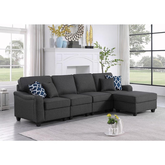 Leo Dark Gray Linen 5 Seater Sofa & Ottoman - The Room Store