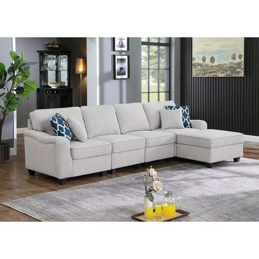 Leo Light Gray Linen 5 Seater Sofa & Ottoman - The Room Store