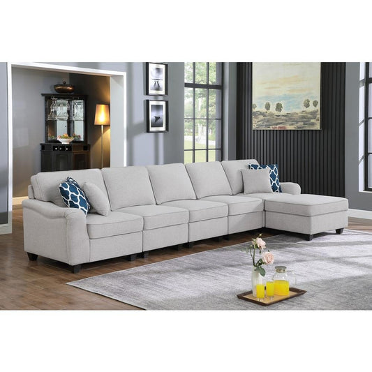 Leo Light Gray Linen 6 Seater Sofa & Ottoman - The Room Store