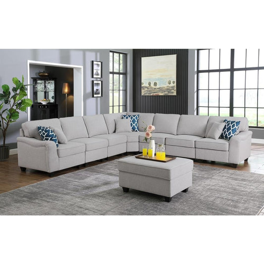 Leo Light Gray Linen 8Pc Modular L-Shape Sectional Sofa and Ottoman - The Room Store