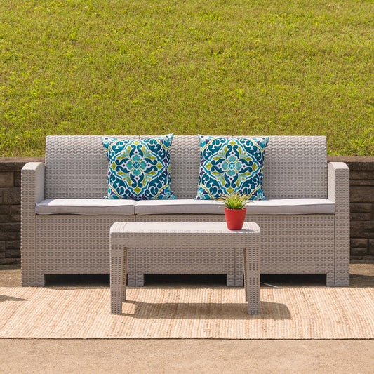 Light Gray Faux Rattan Sofa with All-Weather Light Gray Cushions - The Room Store